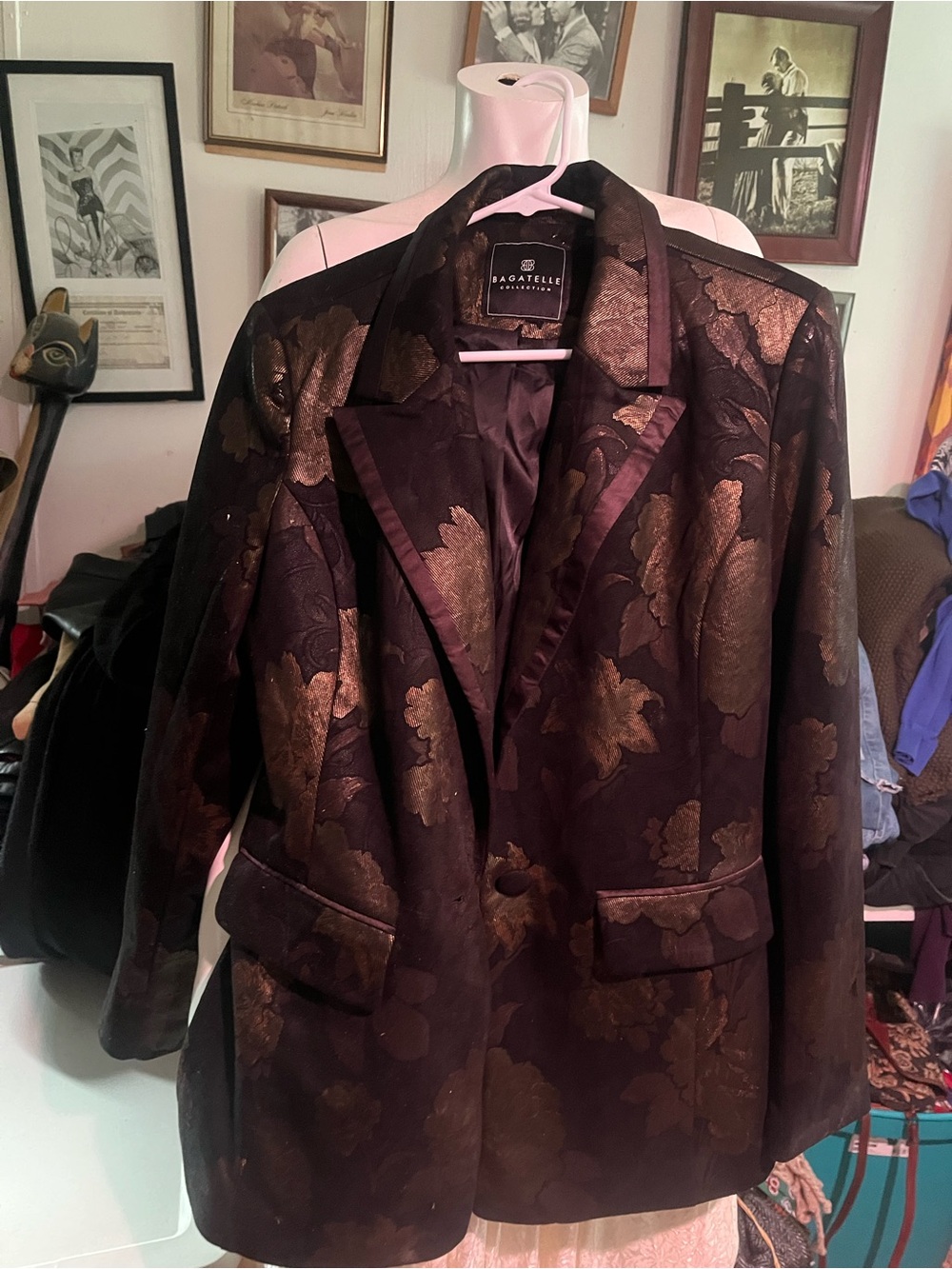 Baggallini Black Blazer with Metallic Gold Floral Jacquard Accents